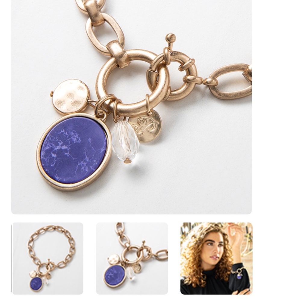 Matte Gold Link Bracelet With Blue Marbled Navy Blue Pendant - NWT - Picture 3 of 5